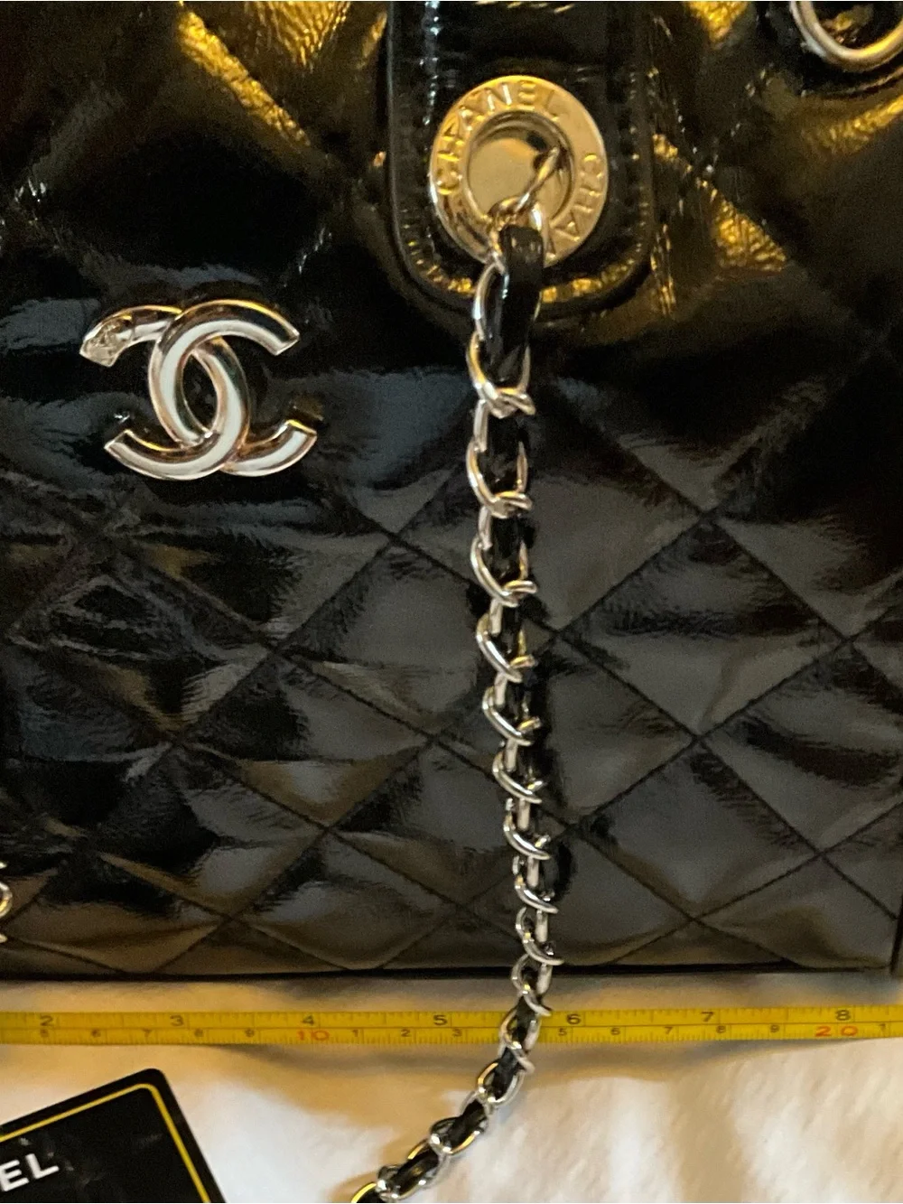 Designer Fashioned Black Quilted Patent Leather Satchel with Chain Strap